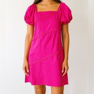 Taylor Tillman Square Neckline Puff Sleeve Mini Dress in Fuchsia
